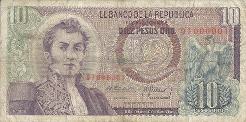 Colombia 10 Pesos Oro 12 De Octubre 1970