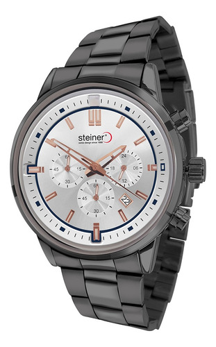 Reloj Steiner Fechador Extensible Acero Resistente Agua 30m Correa Gris oscuro Bisel Gris oscuro Fondo Plateado