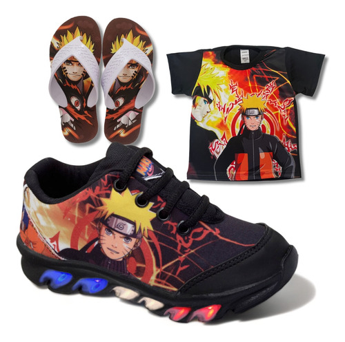 Tênis De Led Infantil Masculino Naruto Mais Chinelo + Camisa