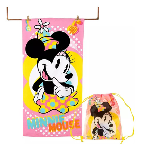 Toalla Playa + Bolso Morral Cordel Diseños Disney Marvel Color Minnie Dots Tm