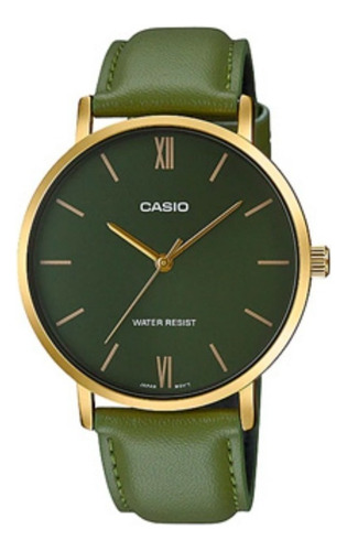 Reloj pulsera Casio Dress MTP-VT01 de cuerpo color dorado, analógica, para hombre, fondo verde, con correa de cuero color verde, agujas color dorado, dial dorado, bisel color dorado y hebilla simple