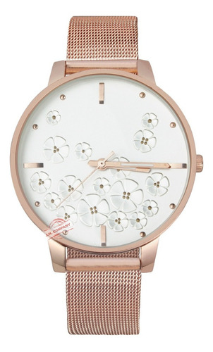 Reloj Para Dama Elegante Analogo Flores Moda Casual Correa Rose Gold / Plata