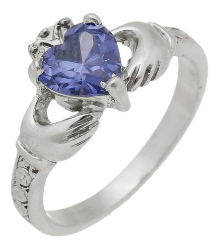 Anel Solitário Claddagh Pedra Azul Anil Prata 925 Kl