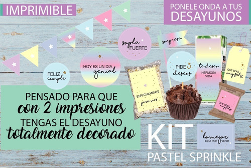 Kit Imprimible Desayuno Cumple Pastel Mujer Amiga Arcoiris