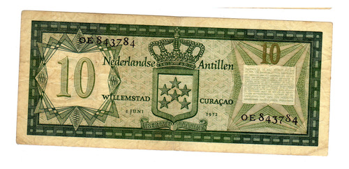 10 Gulden Curasao 1972 Antillas Billete Serial Oe