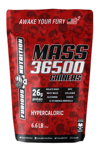 Suplemento em pó Furious Nutrition  Mass 36500 Gainers proteina carboidratos hipercalorico suplemento Mass 36500 Gainers proteina sabor  chocolate em sachê de 3kg