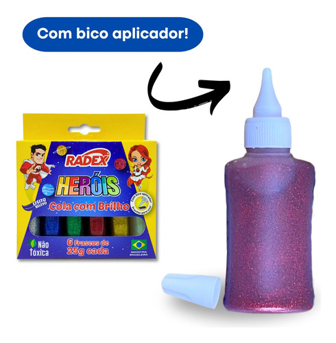 Cola Glitter Brilho 6 Cores 25g Efeito Relevo Bico Aplicador