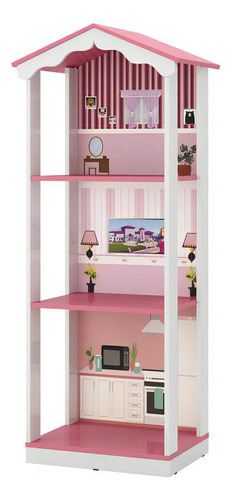 Casa De Boneca Dos Sonhos Mdp/mdf 1,37alt Com 3 Comodos Adesivada Branco Rosa Para Bonecas Tipo Barbie