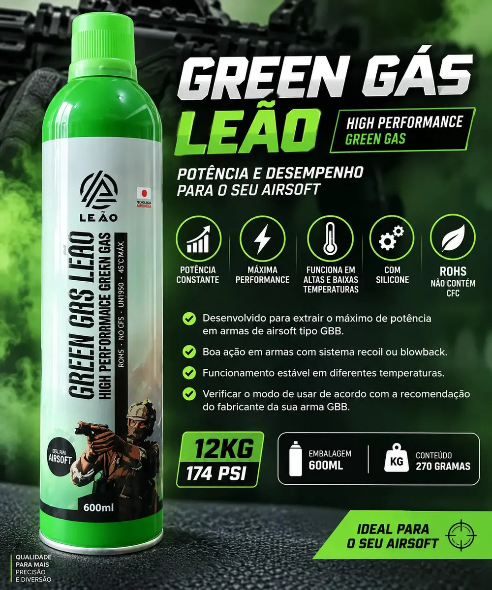 Green Black Power Gas P/ Airsoft C/ Silicone 600ml Cor Verde