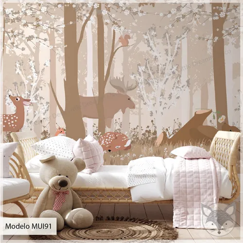 Mural Infantil Ploteo Vinilo Bosque Arboles Animales Mui91