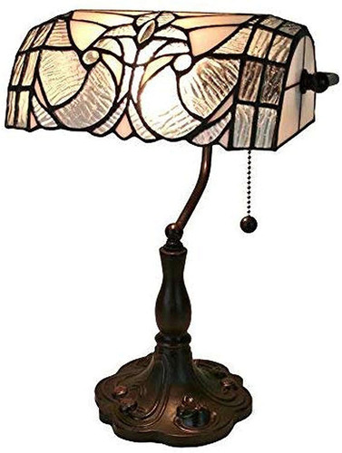 Tiffany Style Table Lamp Banker  Tall Stained Glass Whi...