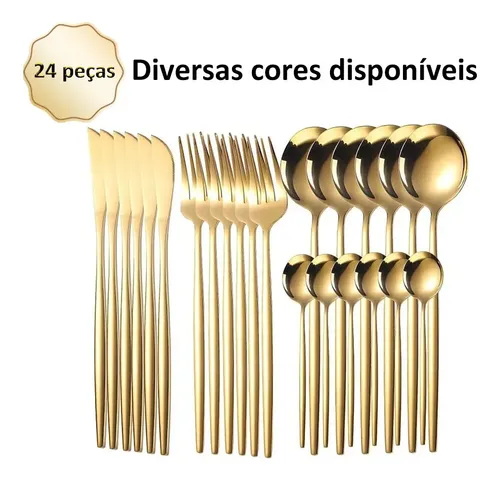 Faqueiro Kit Talheres Em Aço Inox Com Detalhe 24 Peças Dourado