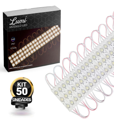 Kit 50 Módulo De Led Injetado Lente 160º 3 Smd/3030 Led 12v Branco Quente Ip67 Lumi