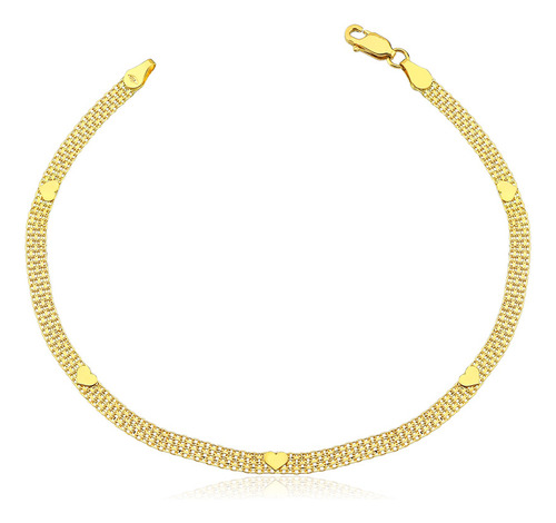 Pulseira Feminina Esteirinha Bismark Coração Ouro 18k Linda Comprimento 19 cm