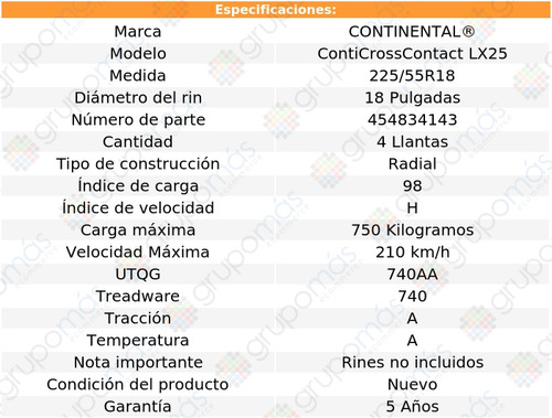 4 Llantas Conti 225/55r18 Conticrosscontact Lx25 98h