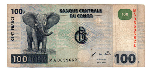 Billete Congo 100 Francos, Pick 92a, Año 2000 Usado