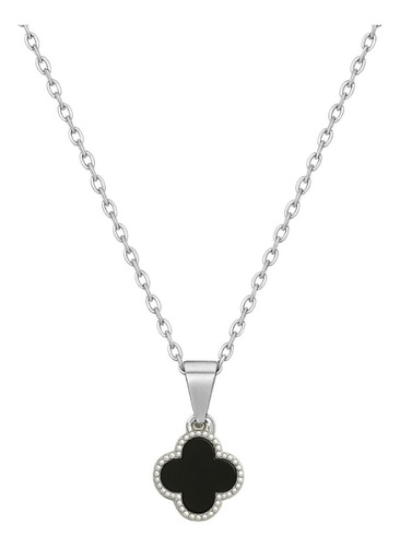 Colar Pingente Trevo Preto Gargantilha Feminina Aço Inox Prateado Caixinha Para Presente