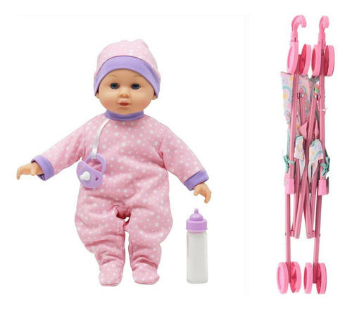 Bebé Con Carriola Juguete Infantil Incluye Biberón Y Chupón Rosa