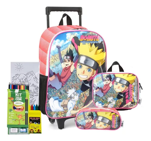 Mochila Escolar Naruto Anime Boruto Rodas Kit Completo+brind