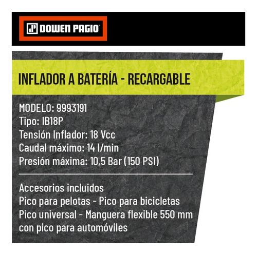 Imagen 5 de 10 de Inflador 18 V Dowen Pagio 9993191 Sin Bateria Sin Cargador