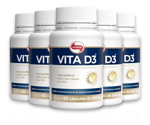 Kit 5 Vita D3 Vitamina D 60 Cápsulas Vitafor. Sabor Sem Sabor