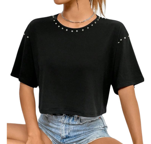 Blusa Overzise Con Aplicacion De Piedritas Cuello Redondo