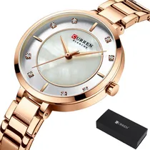 Comprar Elegantes relojes de cuarzo impermeables para mujer con bisel cortado, color rosa blanco
