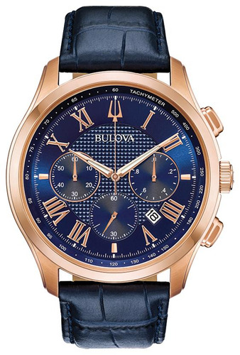 Reloj cronógrafo clásico Bulova 97b170 para hombre, color de la correa azul, color del bisel, oro rosa, color de fondo azul