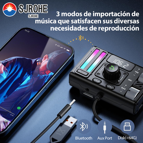 Sjrohe Transmisor Fm Bluetooth Qc 3.0 Usb Carga Rápida Adaptador Pd 30w Con Led Rgb Bluetooth 5.3 Fm Receptores Bluetooth Para Auto Audio Hd Llamadas Por Bluetooth Transmisor Bluetooth Fm Color Negro