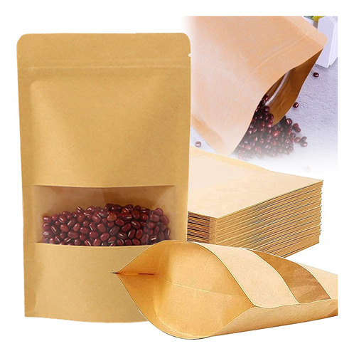 100 Bolsas Stand Up Pouch Kraft Con Ventana Para 250g