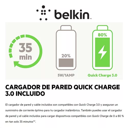 Belkin Base de carga inalámbrica de 10 W + cargador de pared QC 3.0 + cable