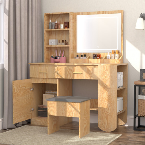 Tocador De Dormitorio Con Espejo Led Moderno Incluye Taburet