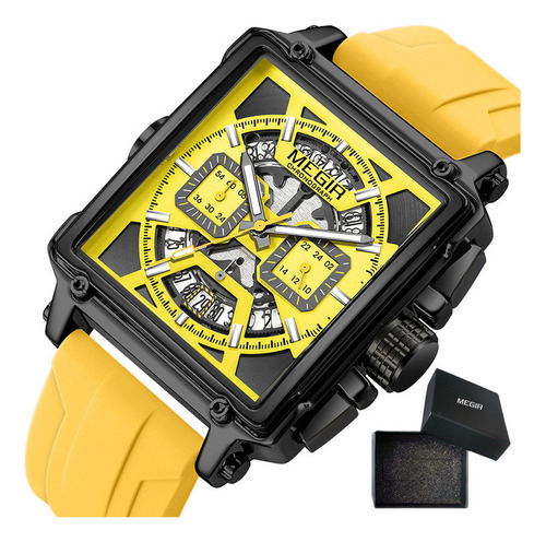 Reloj de pulsera Megir 2233G de cuerpo color negro, analógico, para hombre, con correa de silicona color amarillo y hebilla simple