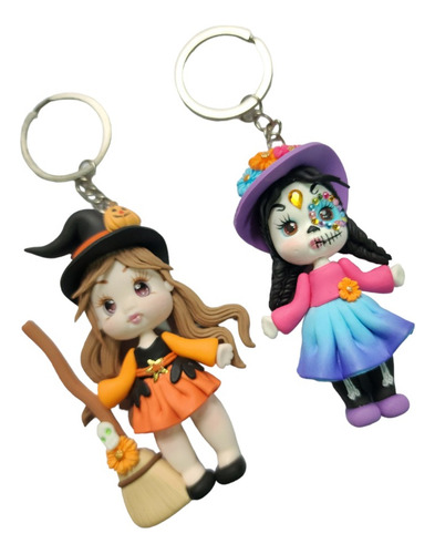Llavero Catrina Azul Y Bruja Naranja De Pasta+estuche N19