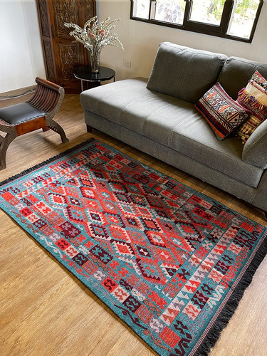 Tapete Kilim Diseño Antep 120x180 Cm - Kayi Turquesa Con Nar