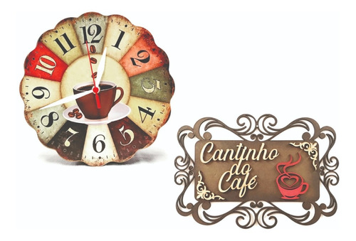 Relógio Café Retro + Placa Cantinho Do Café Mdf Decoração 