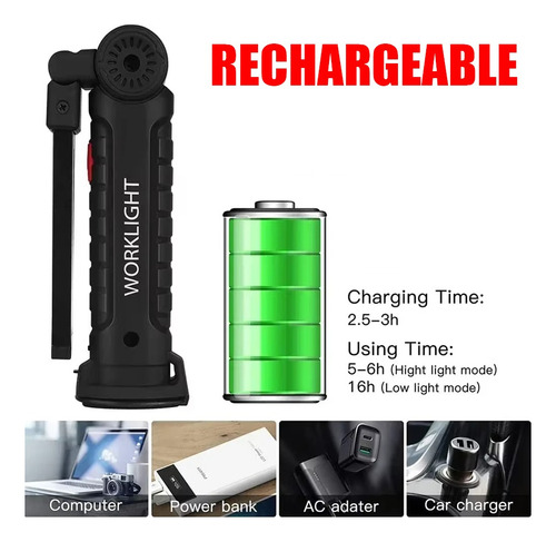 Luz De Trabajo Led Cob, Linterna Recargable Usb Regulable