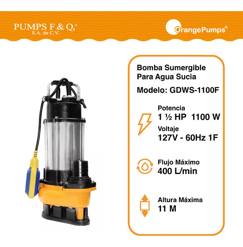 Bomba Sumergible Agua Turbia Y Sucia 1 1/2 Hp Gdws-1100f