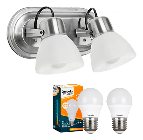 Set Aplique Pared Baño 2 Tulipas + 2 Lamparas Led 9w Calida