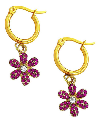 Par Aros Argolla Dorado Strass Fucsia 6 Petalos Flor C:7837