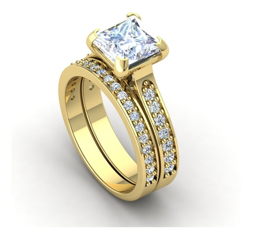 Anel Duplo Carrê Com Pedras Zircônias Ouro 18k Dourado
