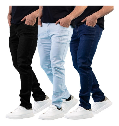 Kit 3 Calça Jeans Masculina Skinny Preta Bege Sarja Top