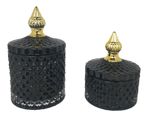 Jogo 2 Bomboniere Decorativo Preto Vidro Potiche Tampa Luxo