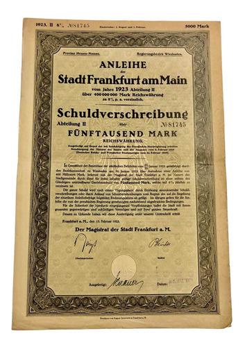 Bono Préstamo De La Ciudad De Frankfurt 5000 Marcos Año 1923