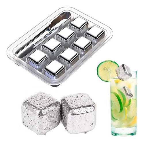 Kit 8 Cubos De Gelo Aço Inox Metal Com Pegador Whisky Drinks