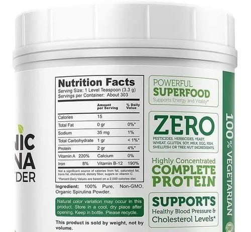 Zazzee Usda Organic Spirulina Polvo 2.2 Lbs (1 Kg), 303 Porc