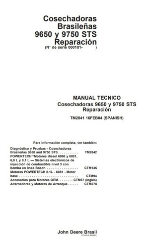 Manual De Reparación Cosechadoras John Deere 9650 Y 9750 Sts