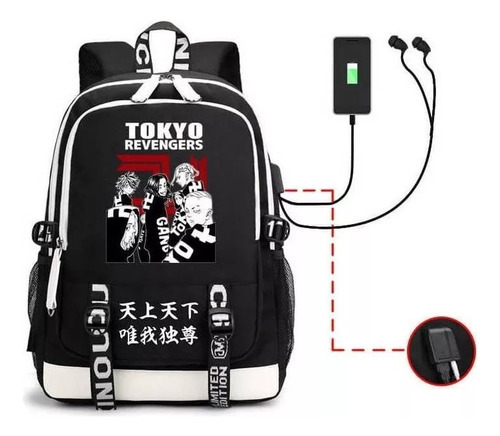 Mochila Anime Tokyo Revengers Con Estampado De Gran Capacida Color Negro