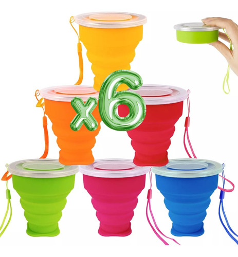 6 Vaso Silicona Plegable Con Tapa Y Correa Portátil Colores Color / 6 piezas