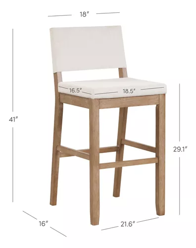 Nathan James - Linus - Moderno taburete alto tapizado con respaldo y patas  de madera de caucho sólida con acabado cepillado marrón claro - Lino